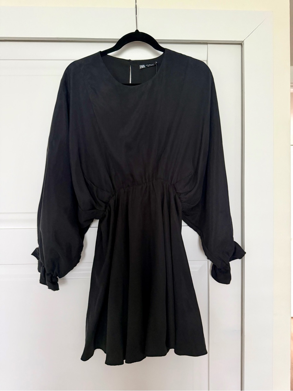 Zara Black Satin Effect Batwing Waist-Drawn Dress - NWT- M